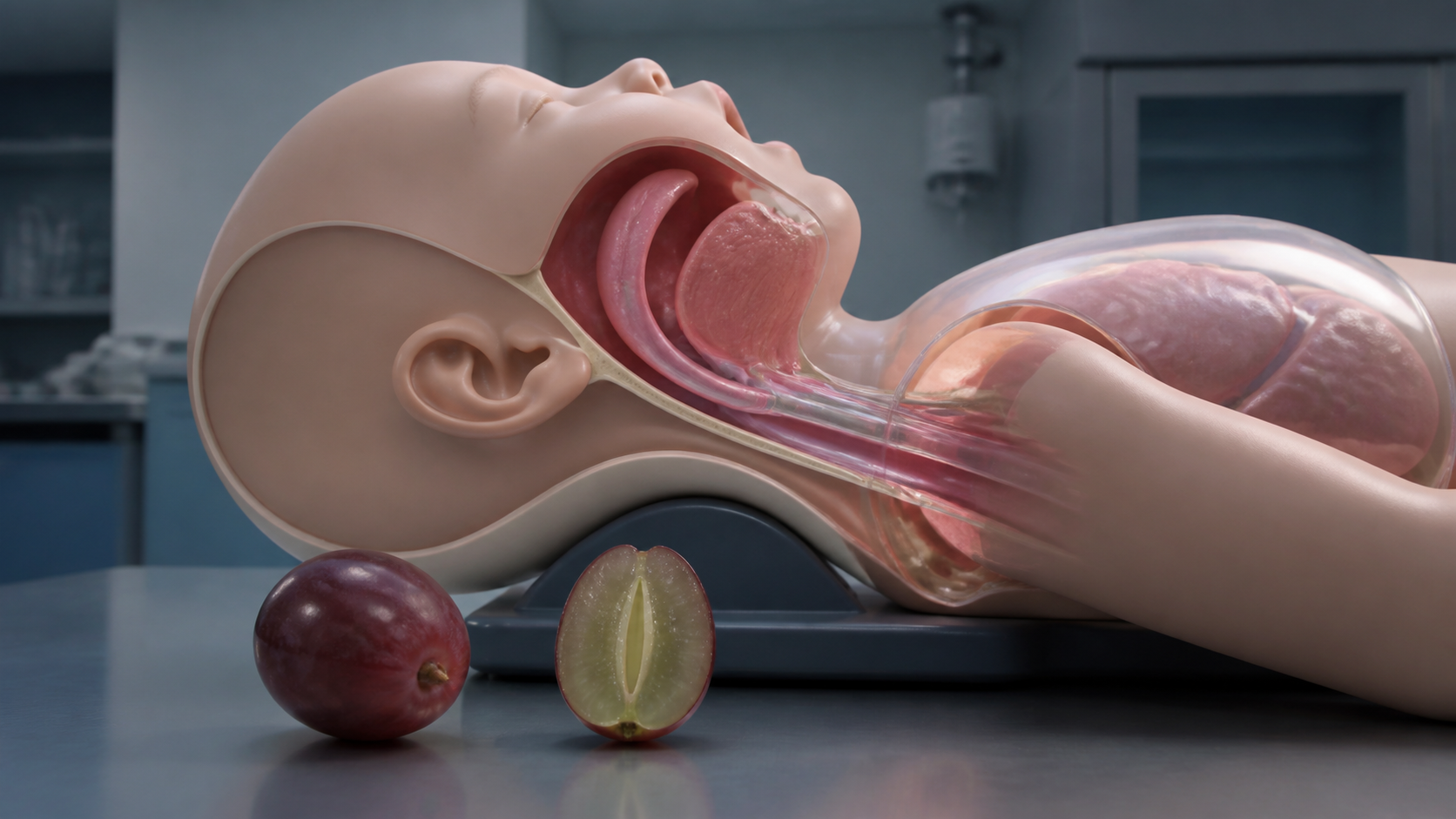 An artificial pediatric airway model shows why the round shape of a whole grape can obstruct a young child's airway.