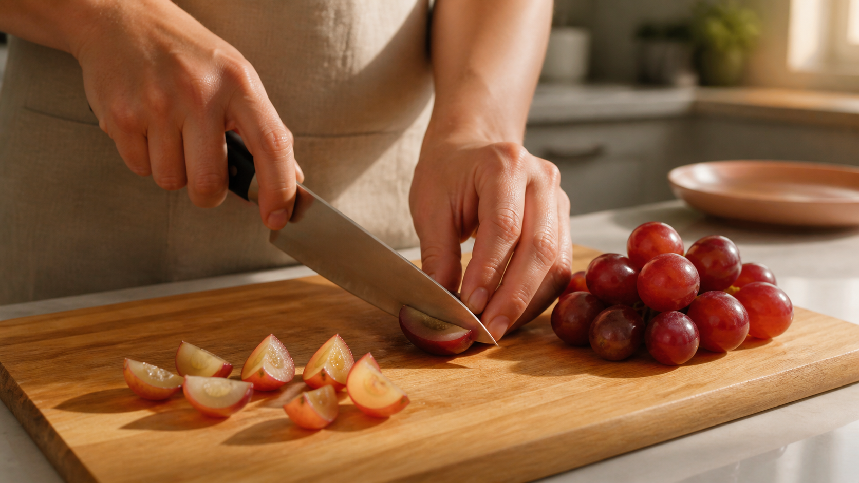 Adult hands cut red grapes lengthwise into narrow non-circular pieces for a young child.