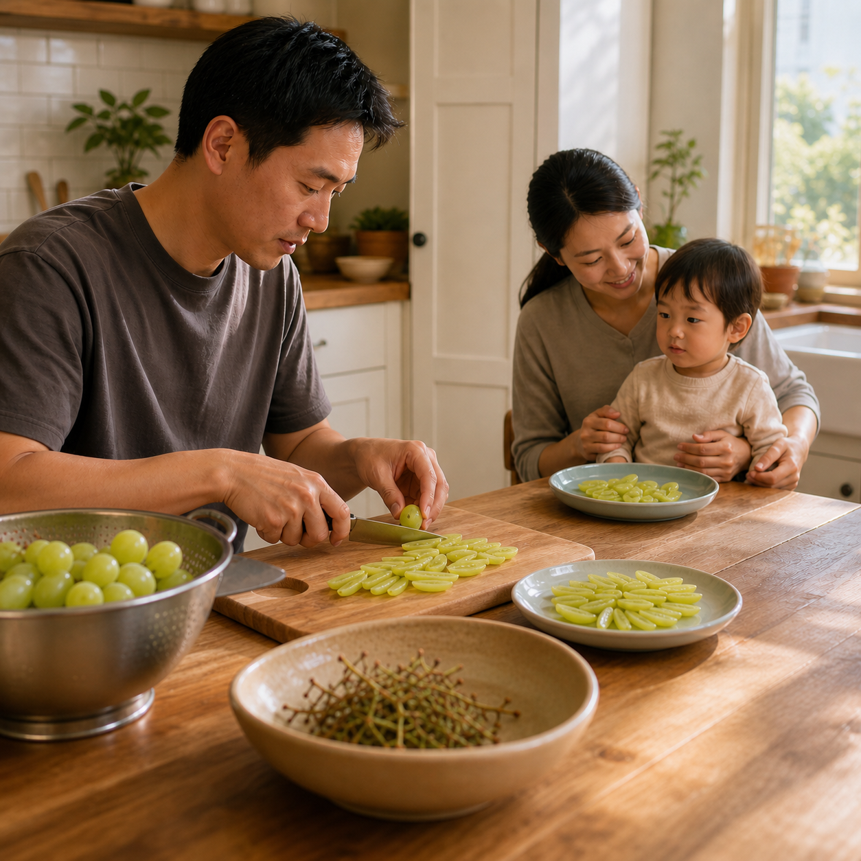 A family follows a repeatable kitchen routine for cutting green grapes lengthwise before serving a seated child.