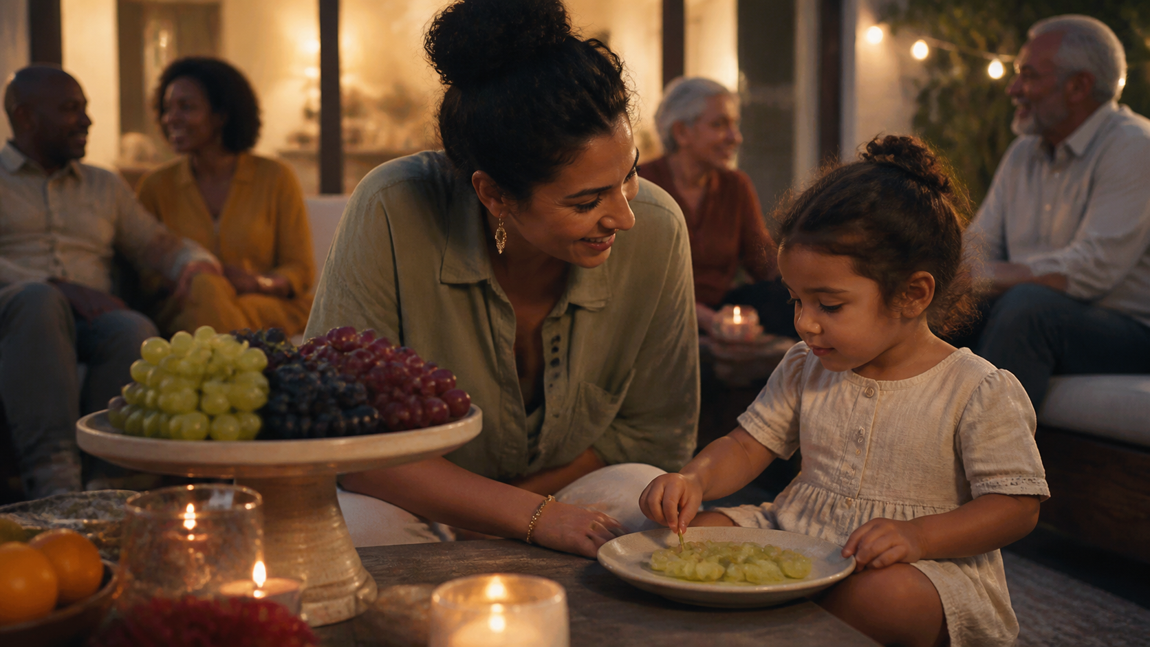 A young child receives a separate plate of lengthwise-cut grapes at a mixed-age family gathering.