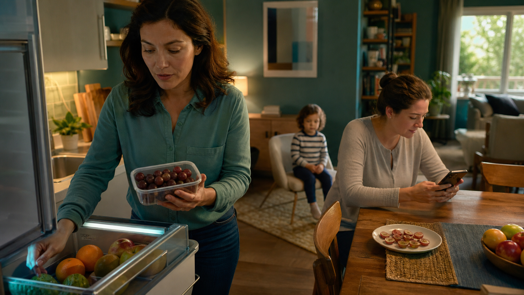 A caregiver audits grape shape, refrigerator storage, seating, and supervision before a child's snack.