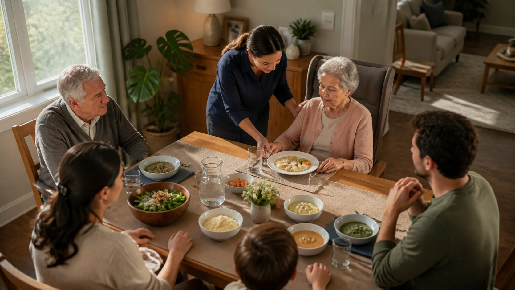 A family caregiver checks posture, meal texture, water, and supervision before an older adult begins eating.