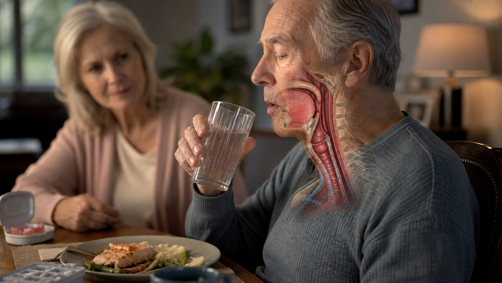 A transparent mouth and throat anatomy overlay illustrates swallowing reserve during a calm senior meal.