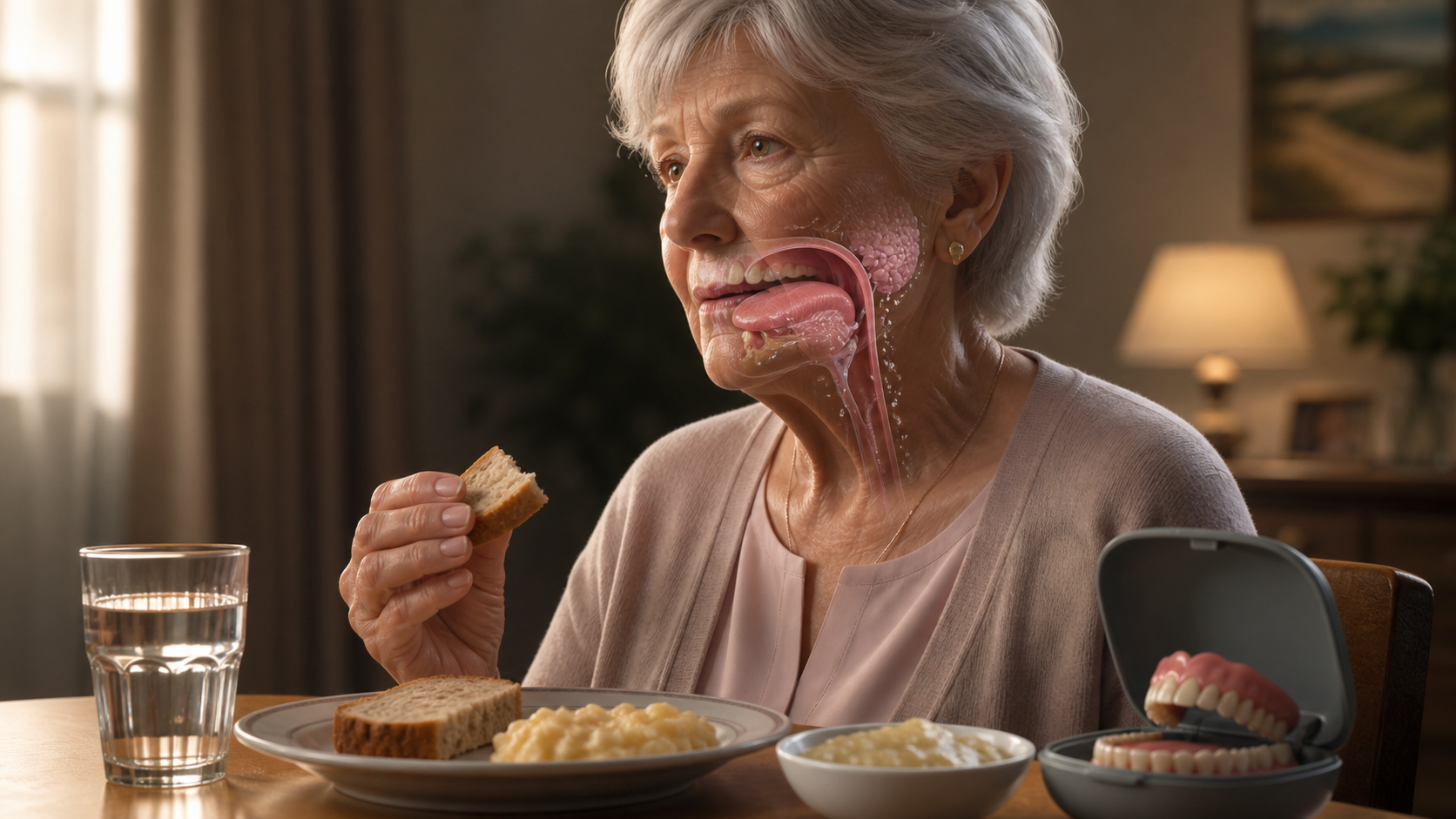 A senior meal scene combines a mouth anatomy overlay with water, dry bread, moist food, and an unbranded denture case.