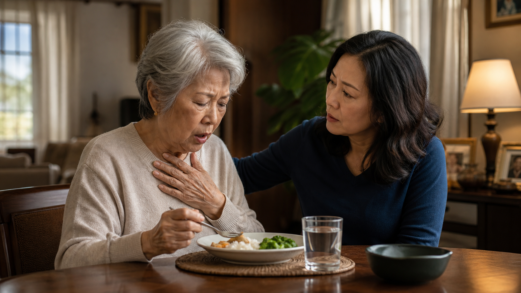 A responsive older adult pauses with a mild cough while a caregiver notices and offers support at the table.