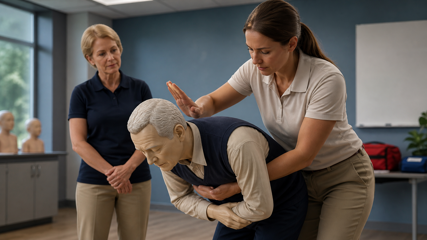 A caregiver practices adult back blows on a clearly artificial senior training mannequin under instructor supervision.