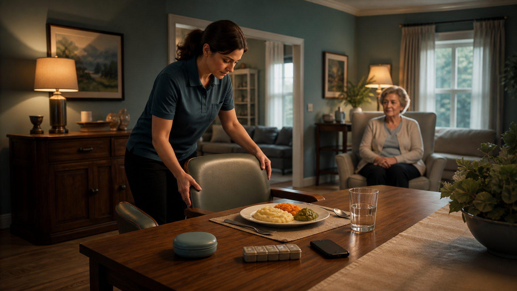 A caregiver audits chair support, soft food, water, dentures, medication, and phone access before a senior meal.
