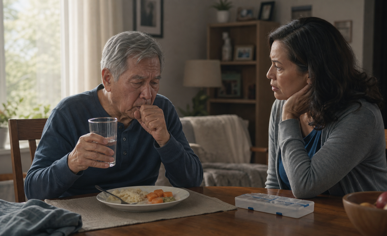 A caregiver observes coughing after water, fatigue, and other quiet swallowing warning patterns after stroke.