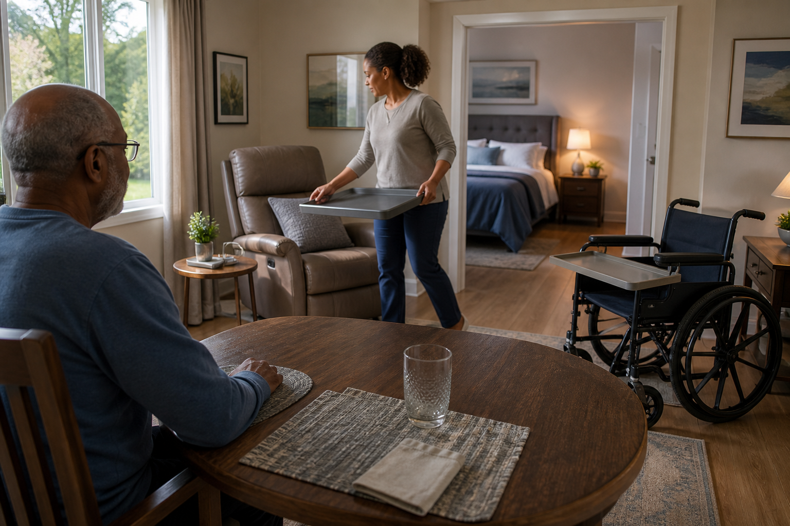 A caregiver audits the connected dining chair, recliner, bedside, and wheelchair meal locations in a stroke-recovery home.