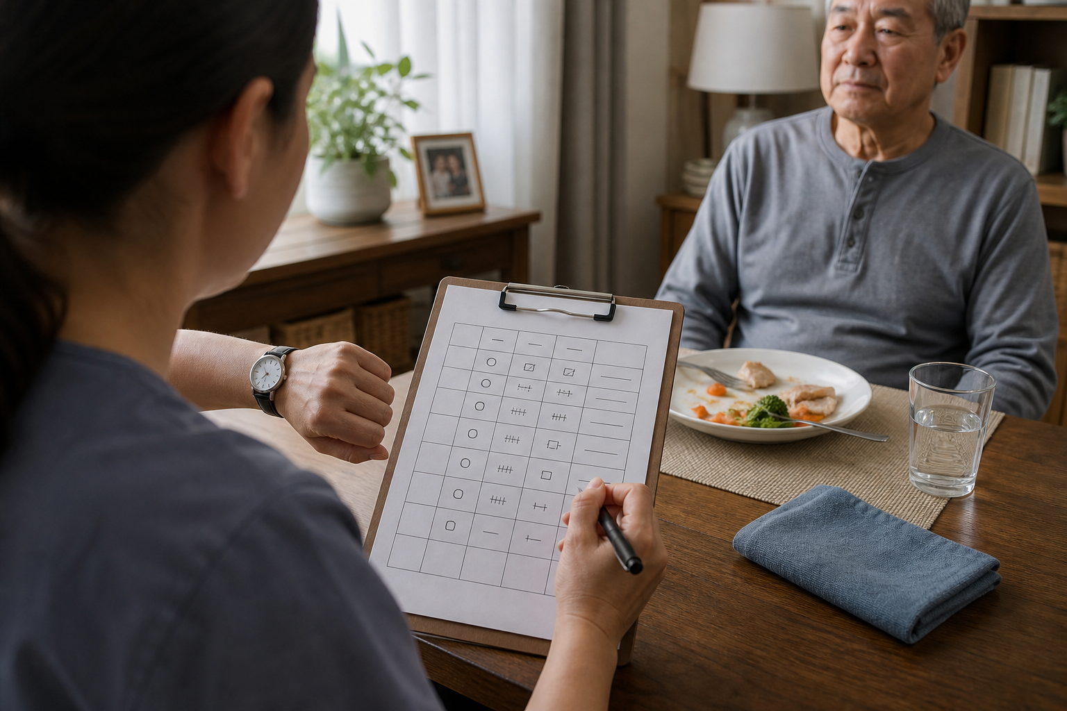 A caregiver records a one-week pattern of food texture, timing, position, fatigue, and recovery beside the actual meal.