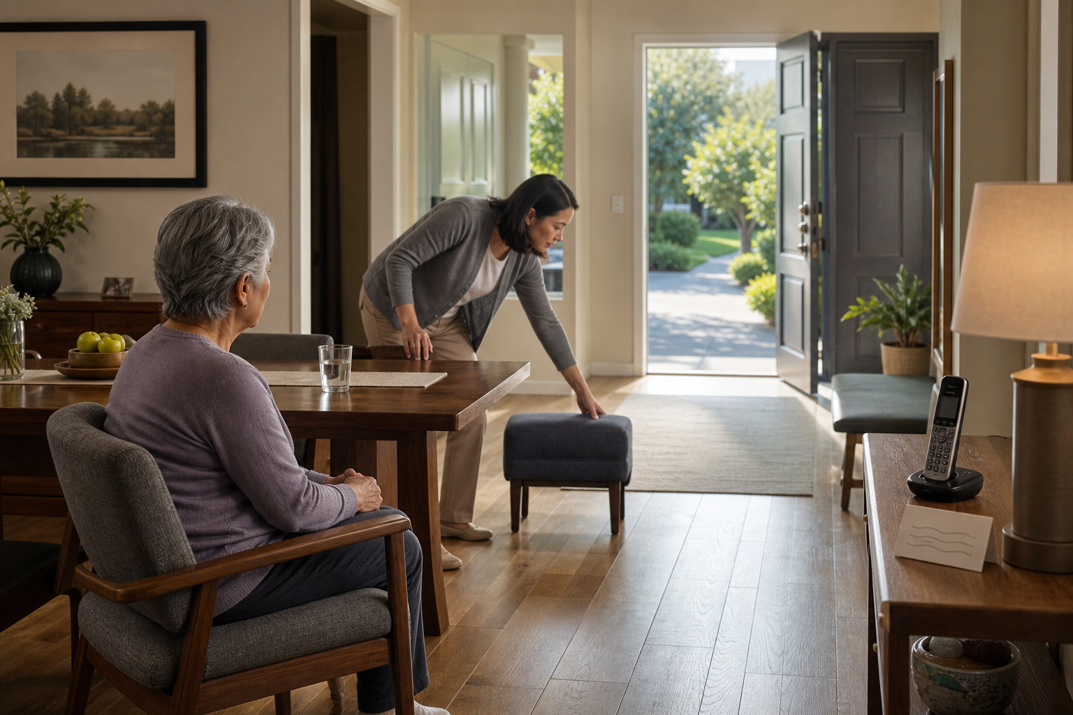 A caregiver clears the route from a supportive dining chair past a reachable phone to an open home entrance.