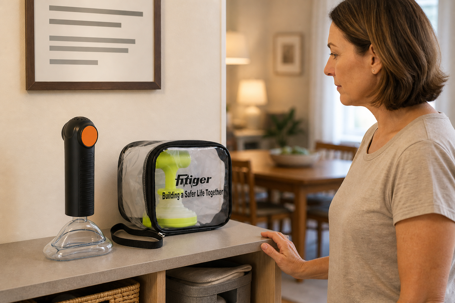 A caregiver checks the real FITIGER EasyPumpVac fixed station and packaged FoldPumpVac portable backup near the dining room.