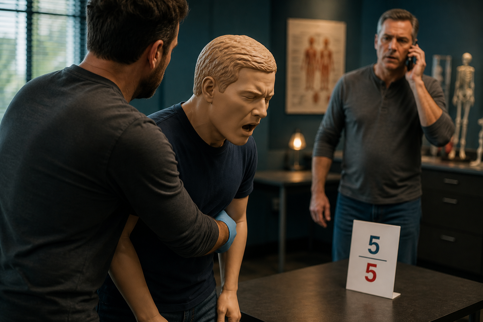 Cinematic 3D adult choking drill showing continuous five and five rescue while a second person calls 911.