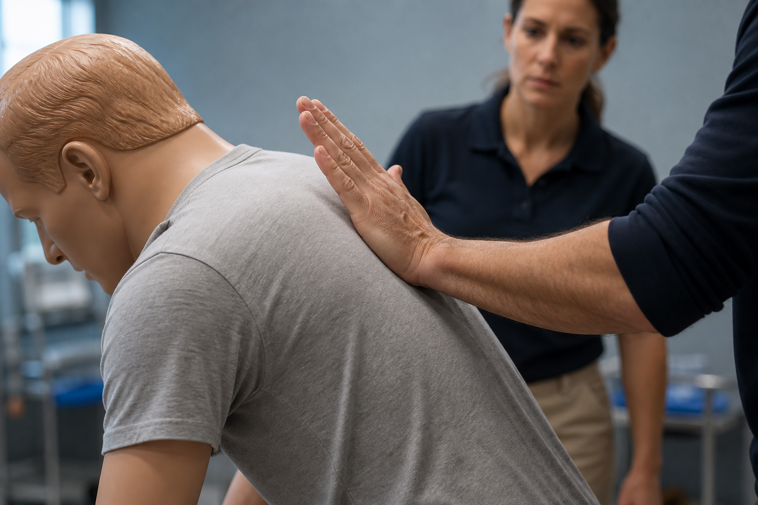 Cinematic 3D close view of correct heel of hand placement for adult choking back blows.
