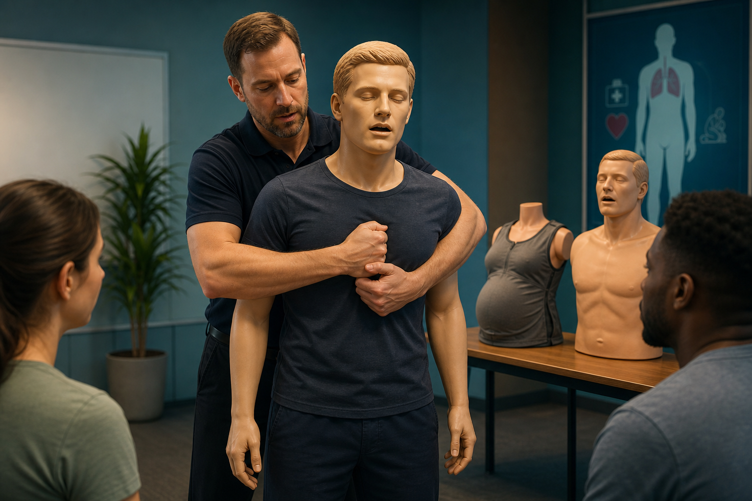 Cinematic 3D first aid training scene demonstrating chest thrust positioning when abdominal thrusts are not appropriate.