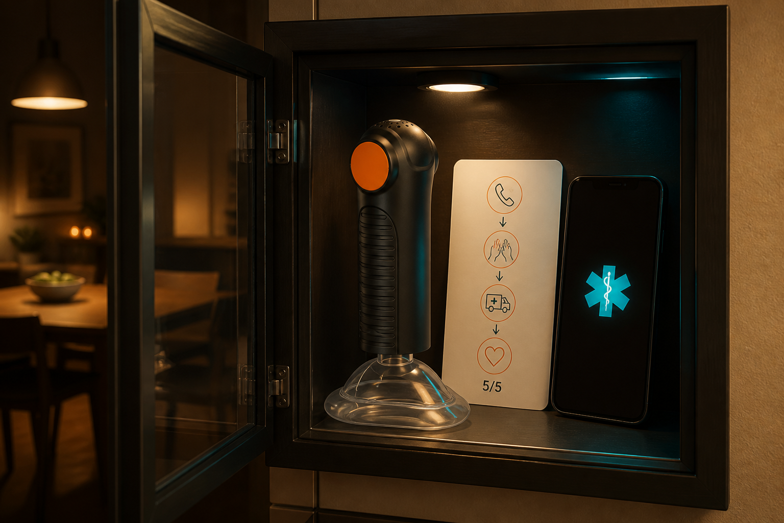 Cinematic 3D adult first aid readiness station showing the real Fitiger EasyPumpVac stored as second line backup.