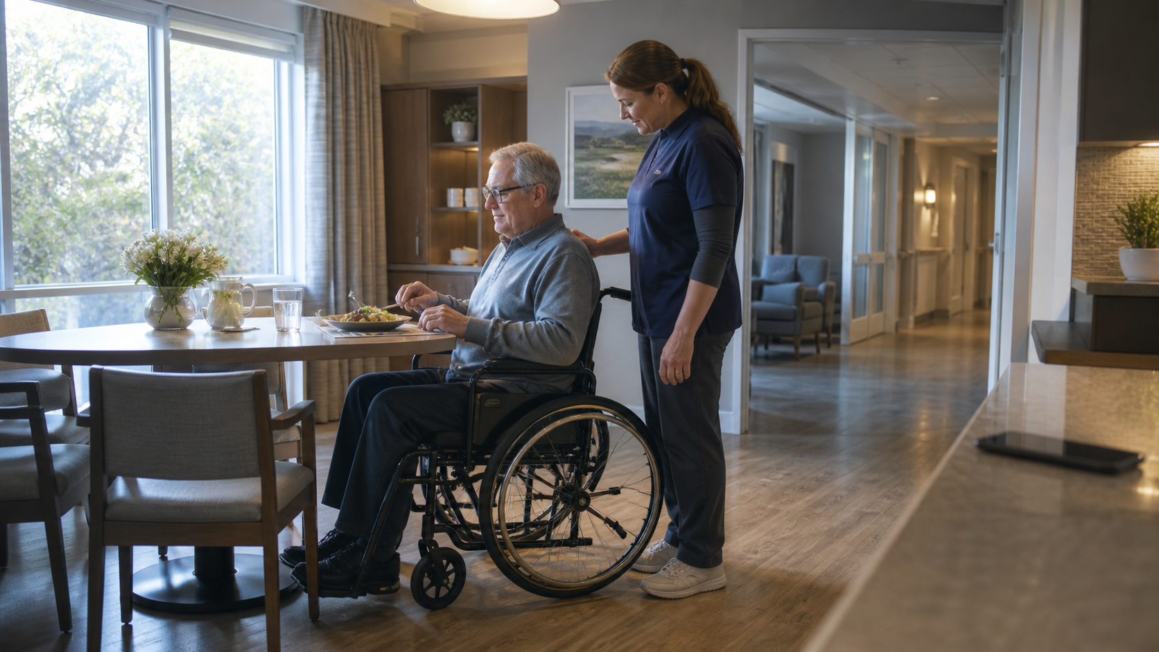 A wheelchair meal setup shows upright posture, comfortable reach, caregiver side access, a nearby phone, and an open route.
