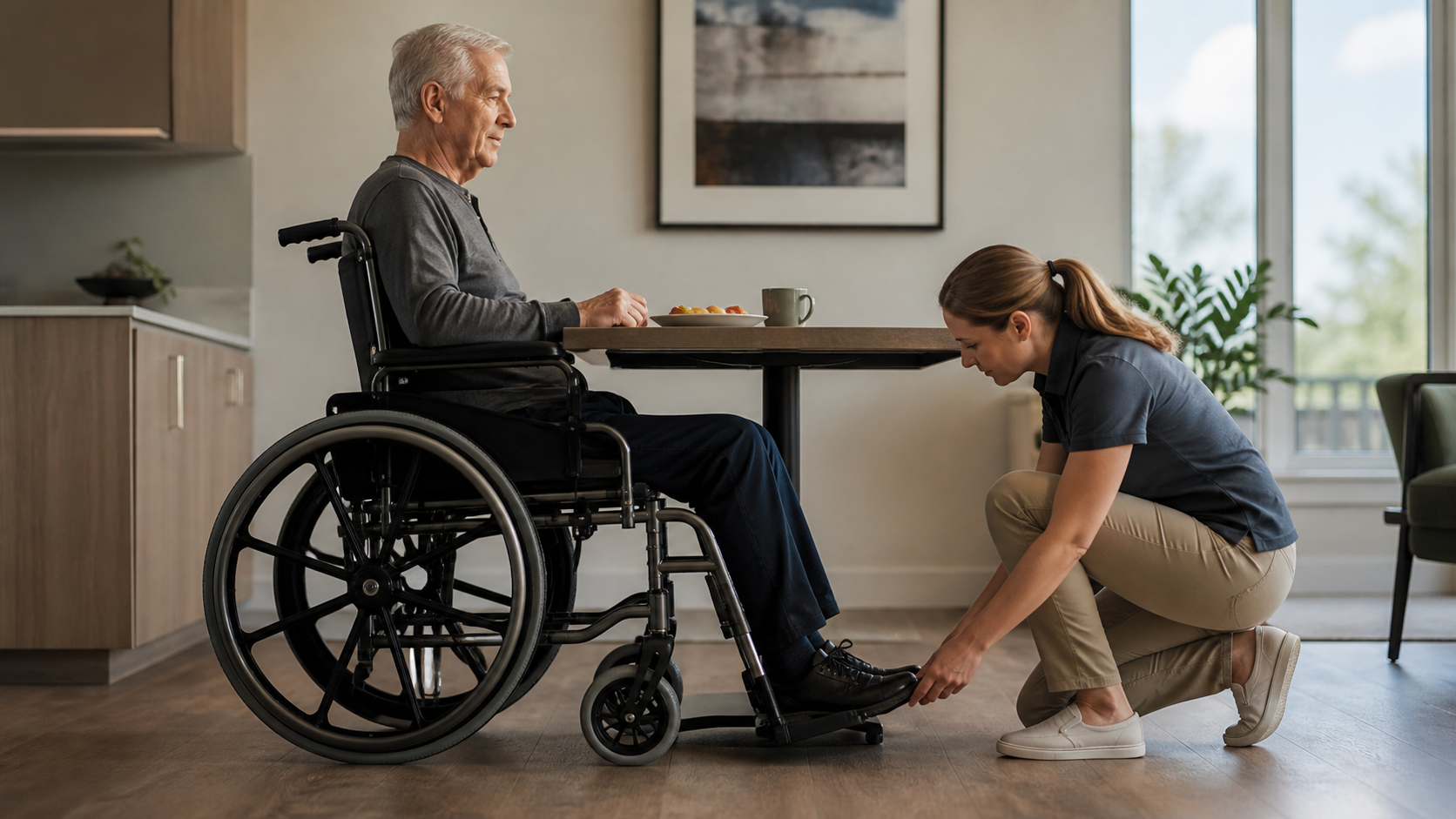 A side view shows stable wheelchair posture, neutral head position, supported feet, and safe meal reach.