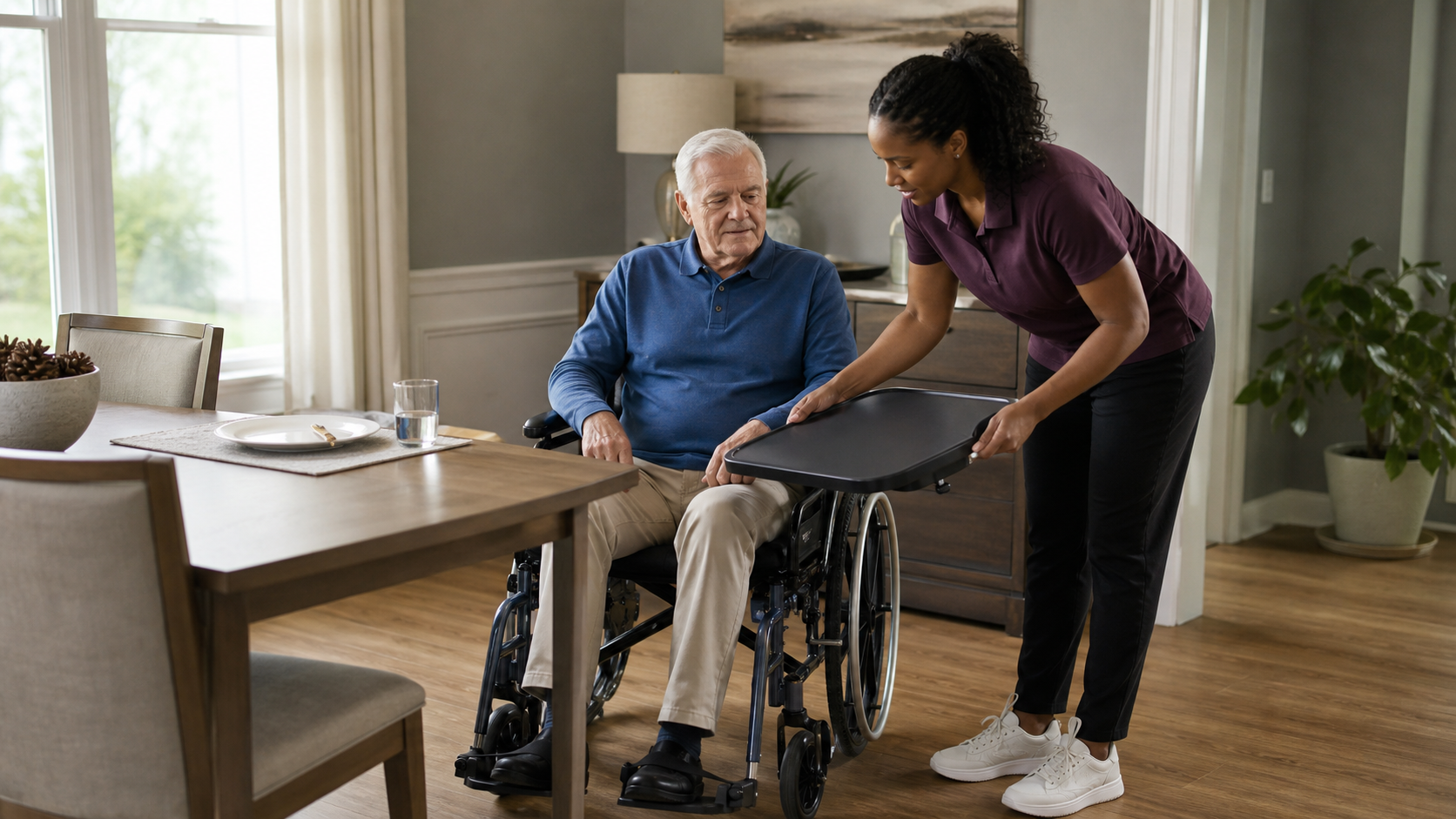 A caregiver removes a wheelchair tray to keep clear side access during a meal.