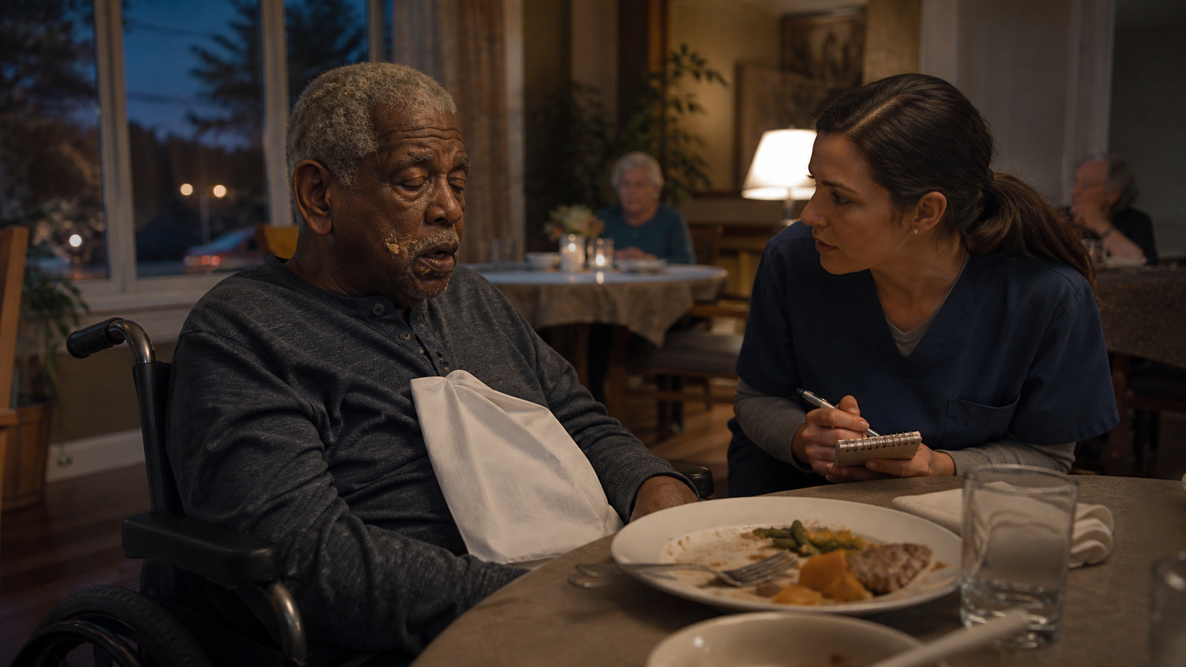 A caregiver records meal fatigue, coughing, and food pocketing observed in a wheelchair user.