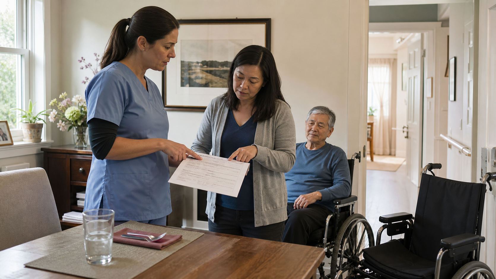 Two caregivers review a wheelchair user's meal position, difficult foods, phone access, and EMS route.