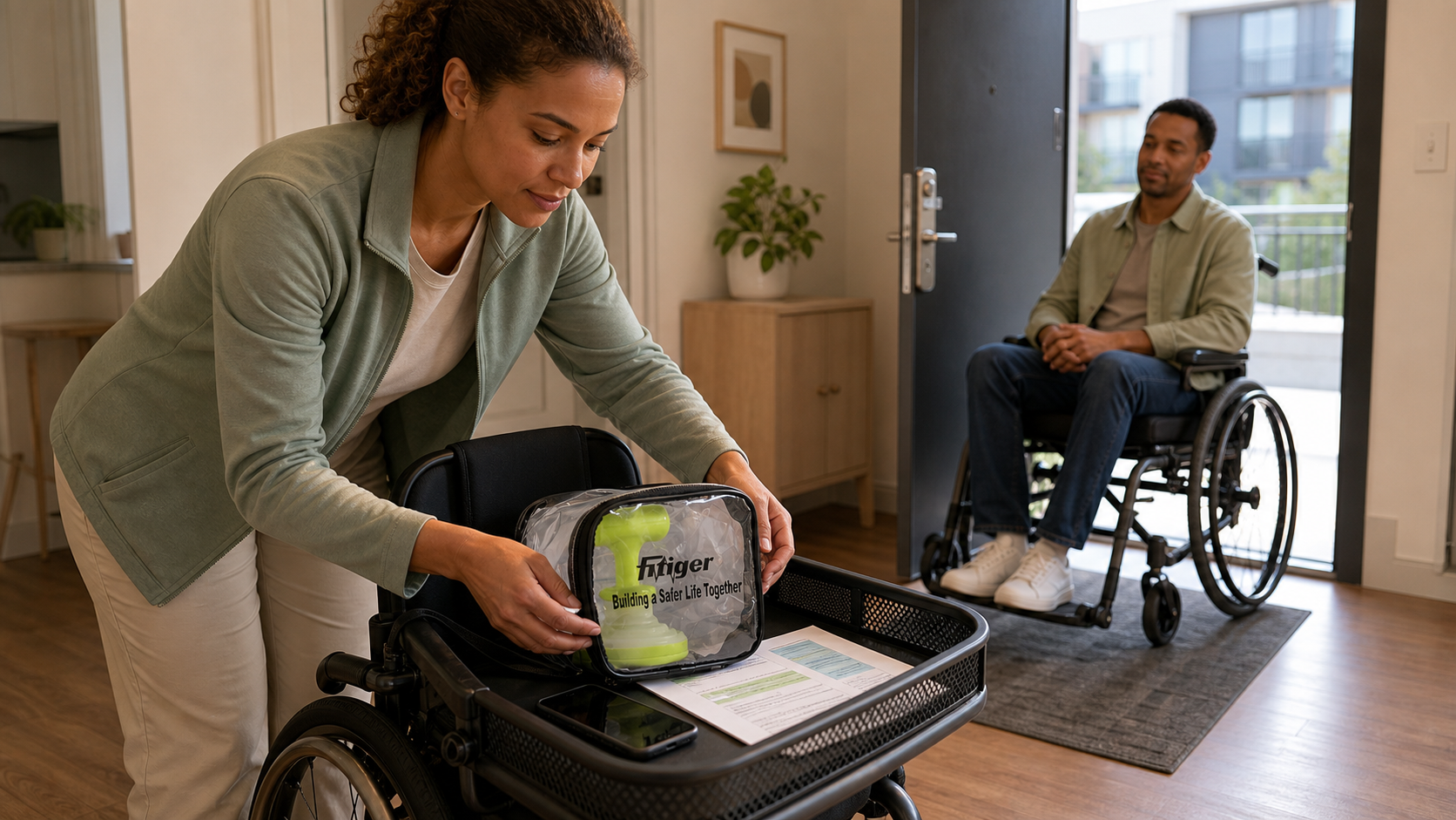 The real FITIGER FoldPumpVac transparent package is staged in a wheelchair travel kit beside a phone and emergency plan.