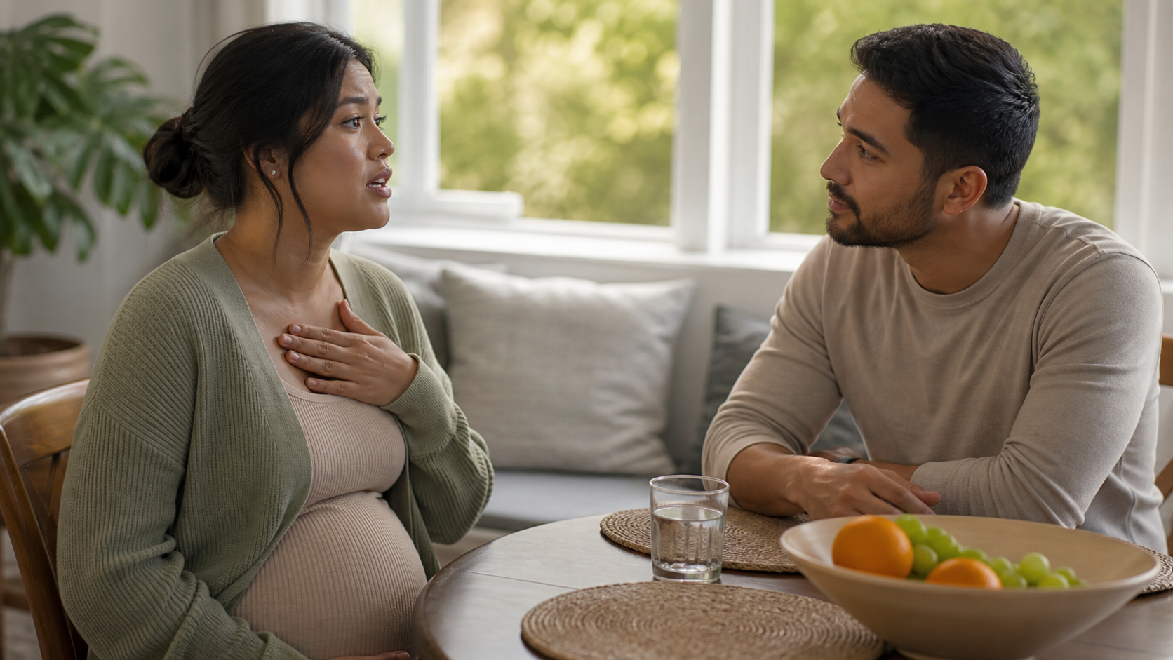 A pregnant adult continues speaking and breathing during heartburn discomfort while a partner listens.