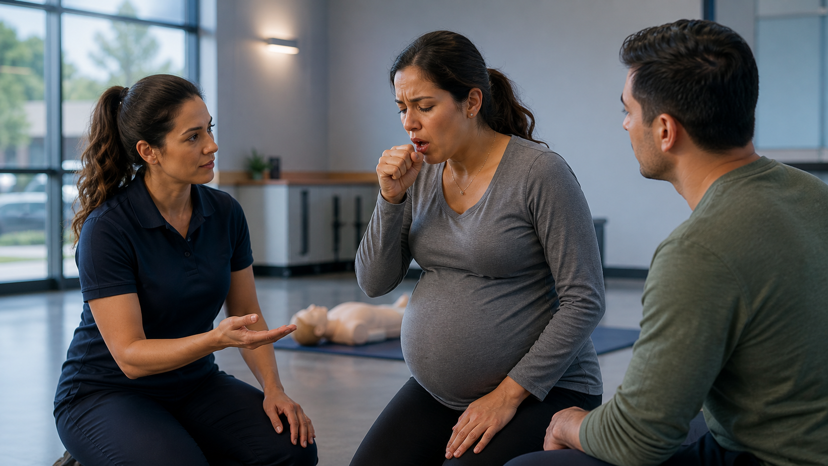 A prenatal first-aid class practices recognizing an effective cough and continued airflow.