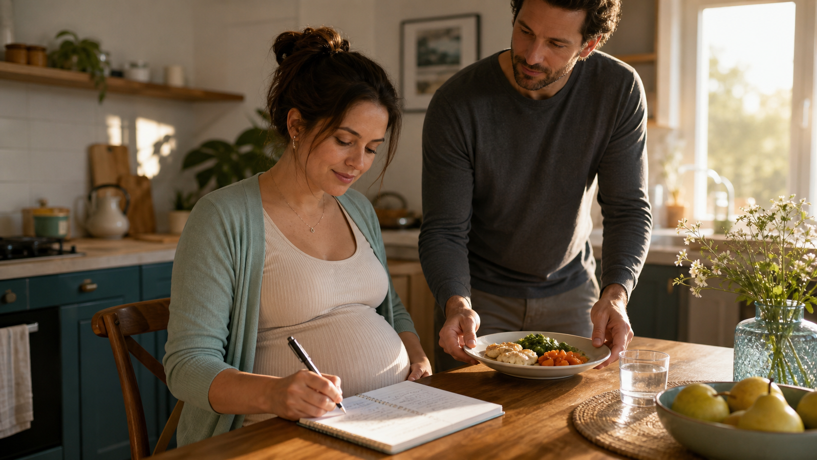 A pregnant adult records symptoms while seated upright with a small evening meal.