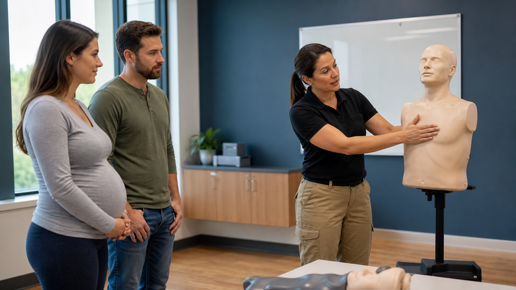 A certified instructor shows chest-level rescue positioning on an adult training mannequin for a prenatal couple.