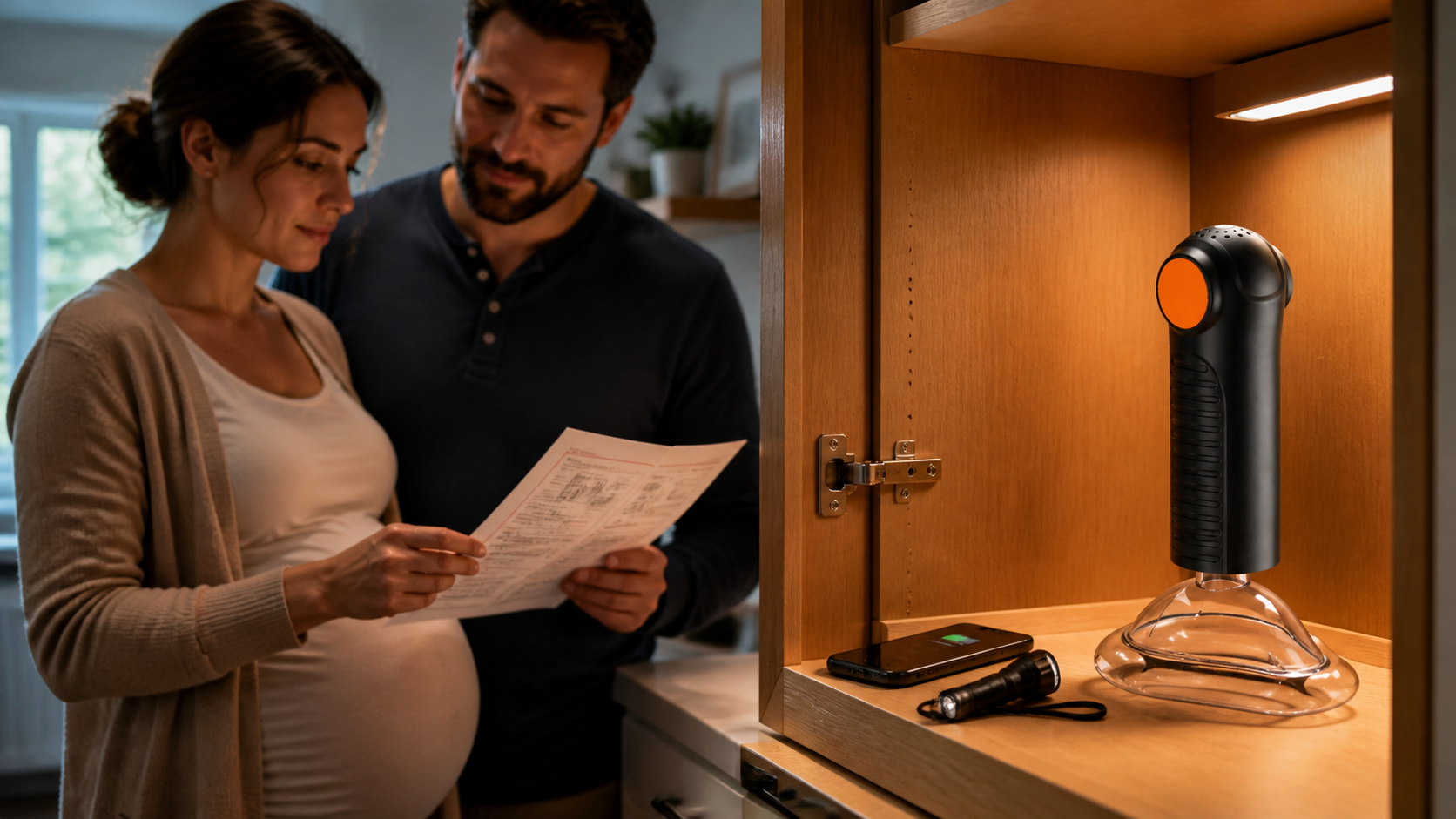 The real FITIGER EasyPumpVac is stored in a home cabinet as second-line backup beside a first-aid plan and phone.