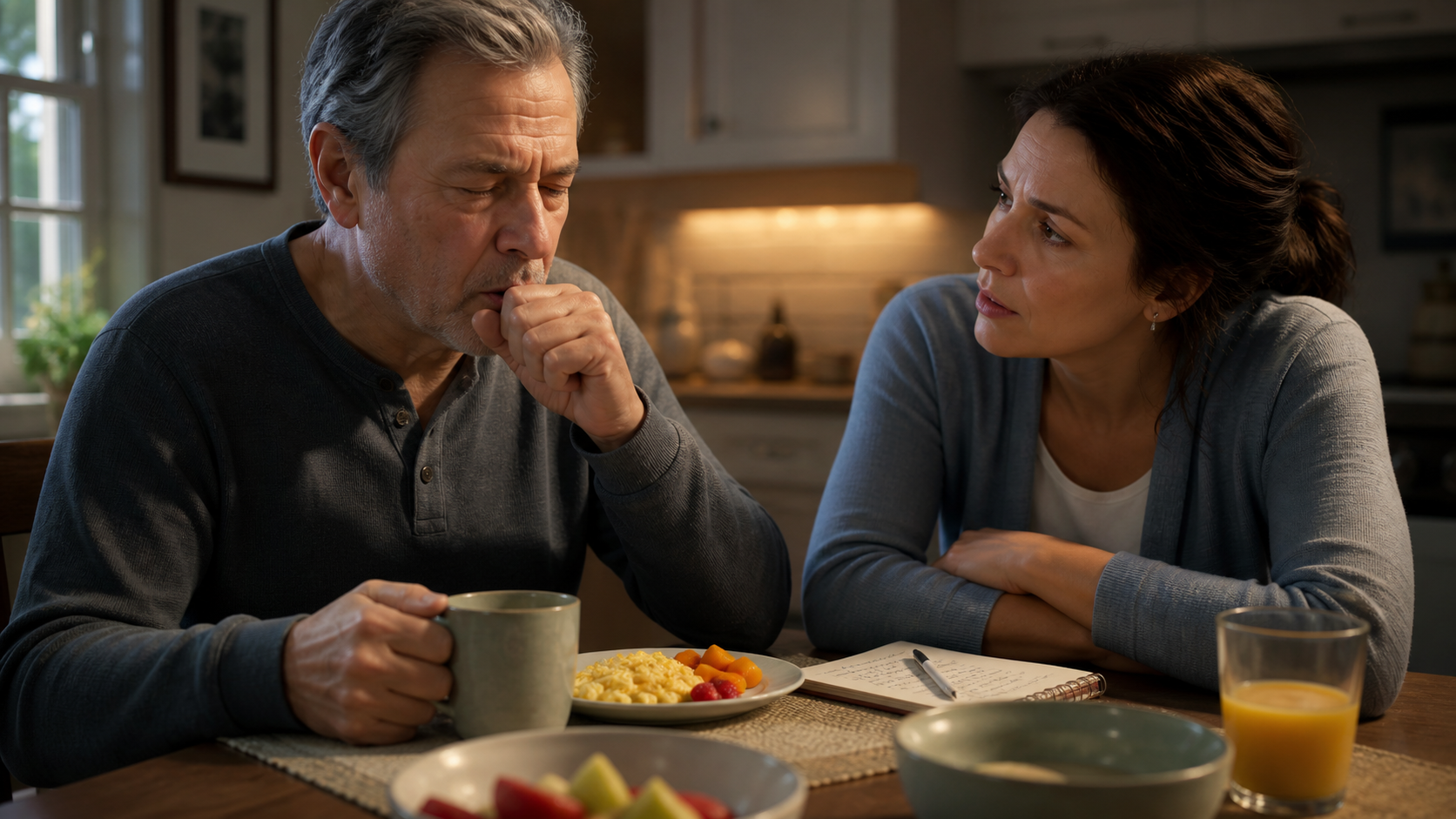 A caregiver notices repeated coughing, throat clearing, and a wet voice during an ordinary breakfast.