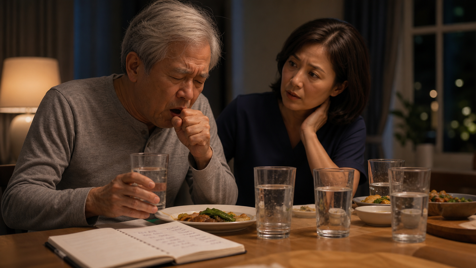 An older adult coughs after drinks as a caregiver recognizes a recurring swallowing pattern.
