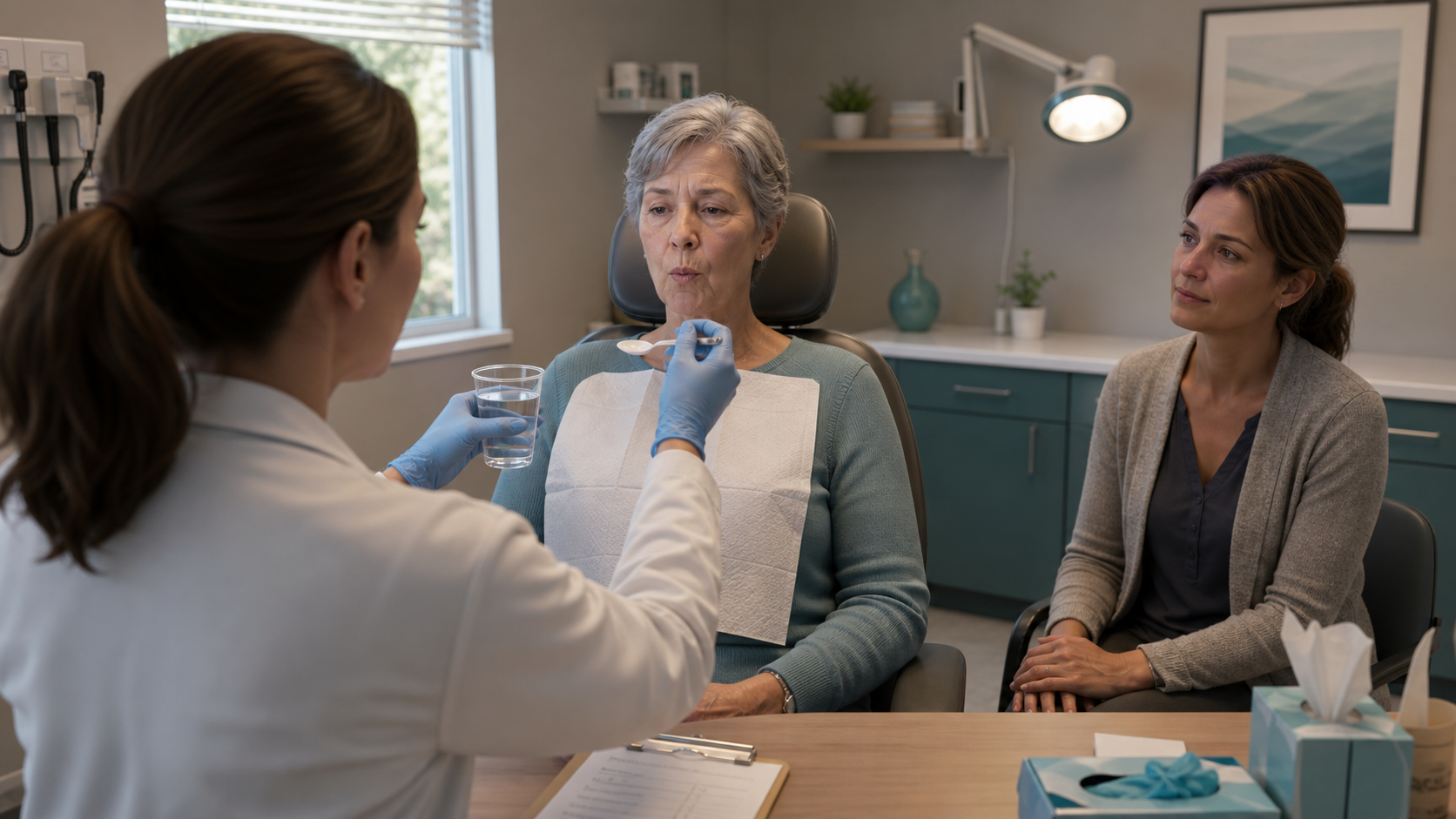 A speech-language pathologist conducts a clinical swallow evaluation with an older adult and caregiver.