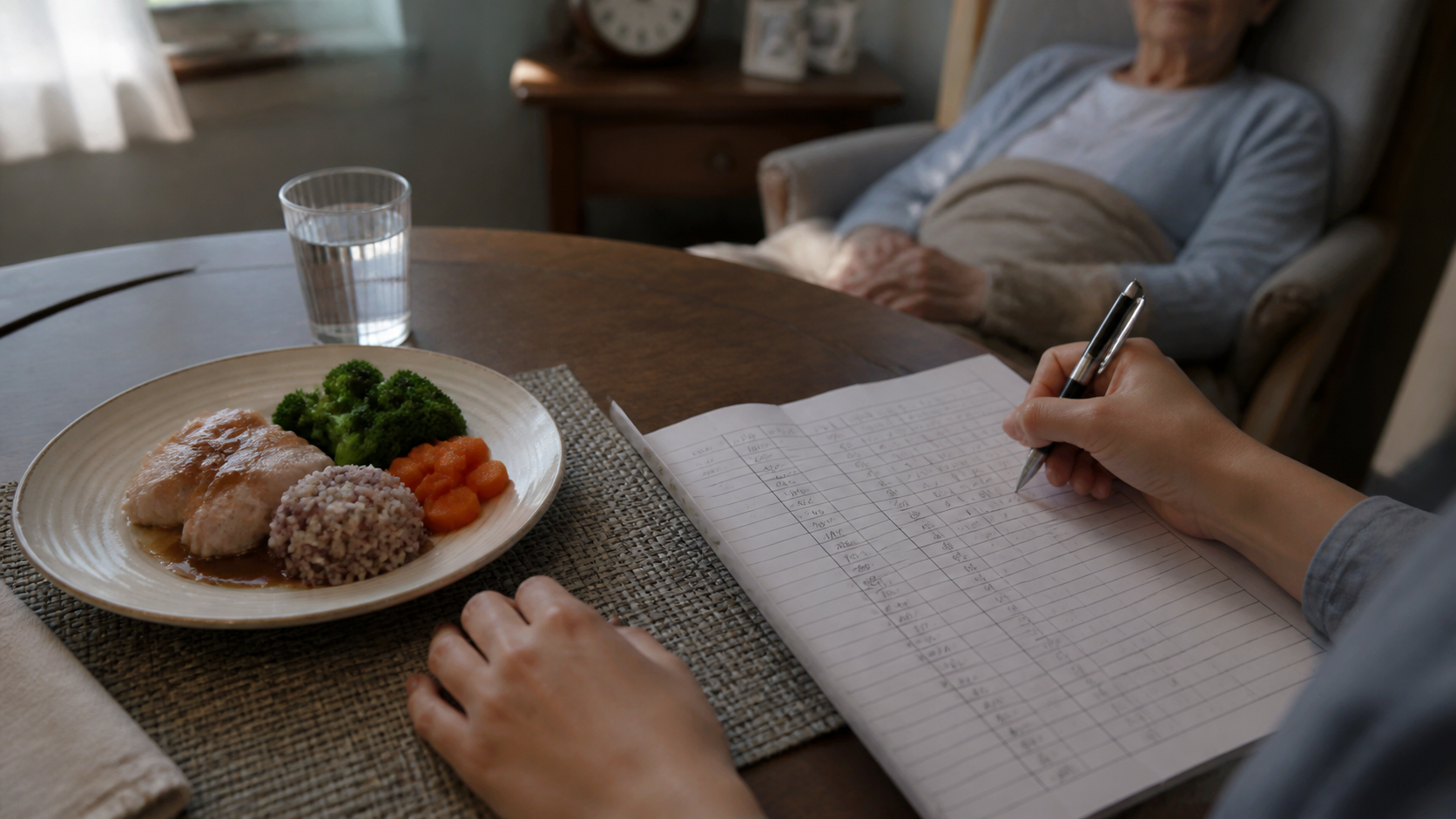 A caregiver records a one-week meal and swallowing symptom log beside the actual meal.