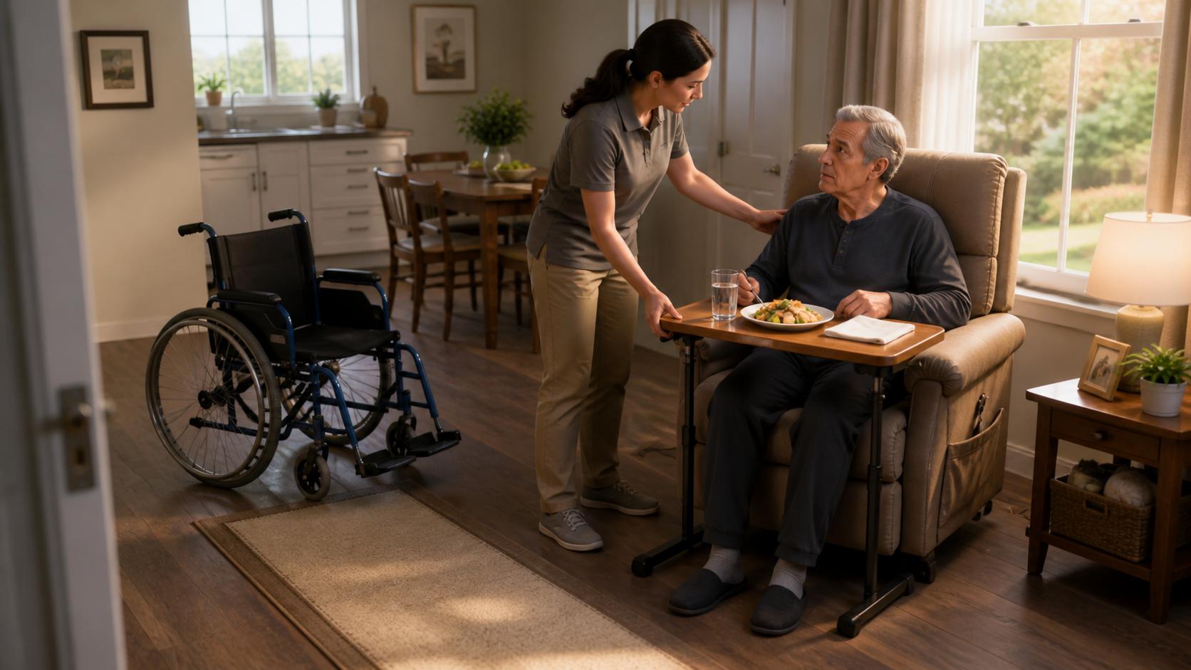 A caregiver reviews posture, tray height, and supervision at an older adult's actual meal location.