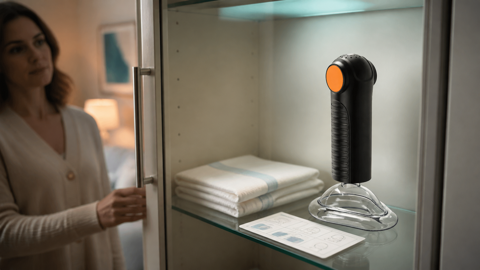 A caregiver checks the real FITIGER EasyPumpVac stored as second-line backup beside a swallow care plan.