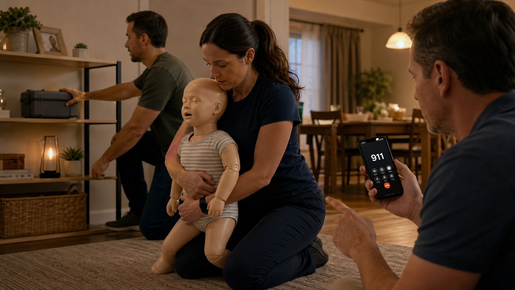 Home choking emergency scene showing 911 and standard first aid before a second-line suction device