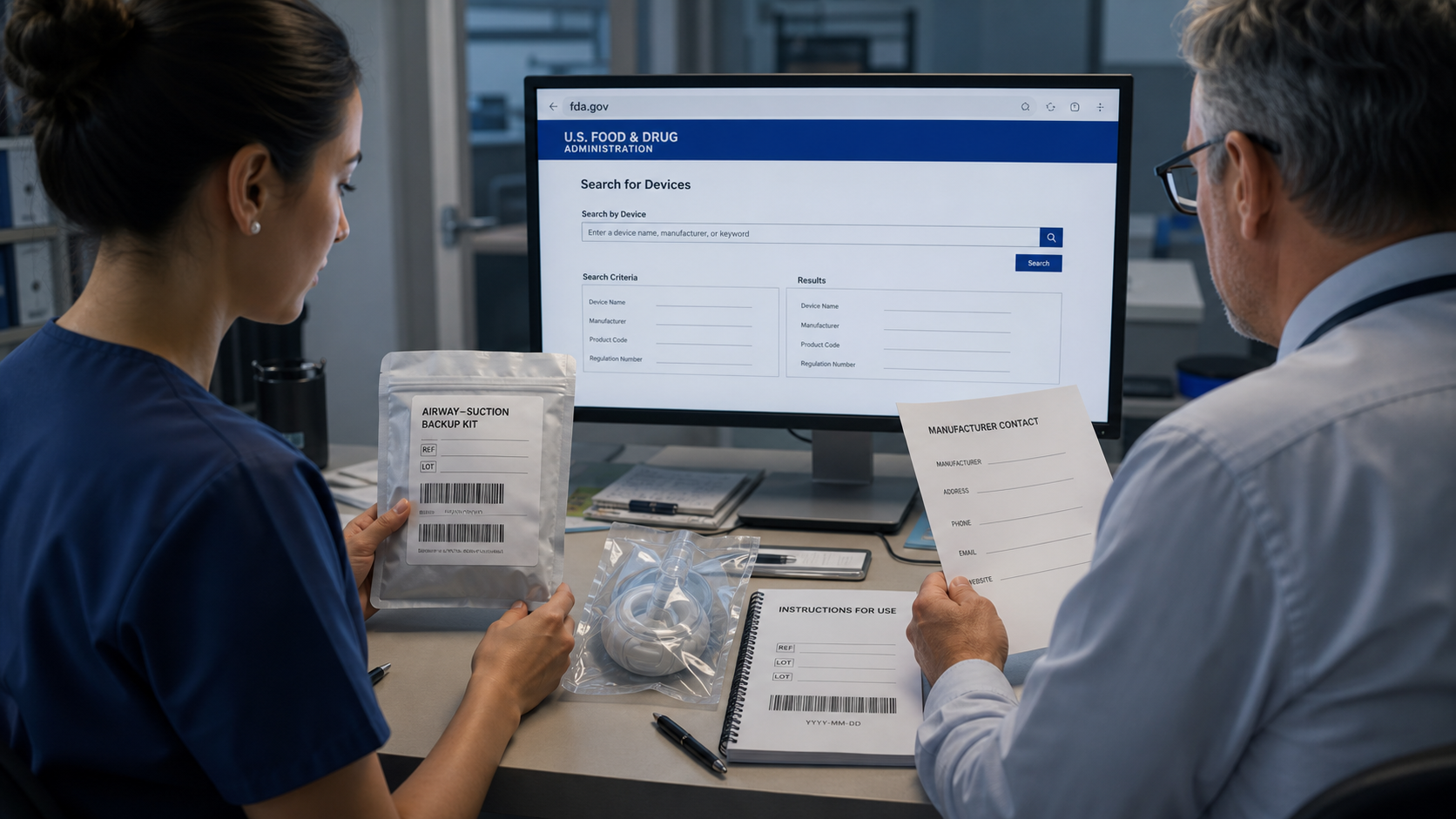 Buyer and clinical reviewer checking suction-device labeling and instructions against an official FDA source