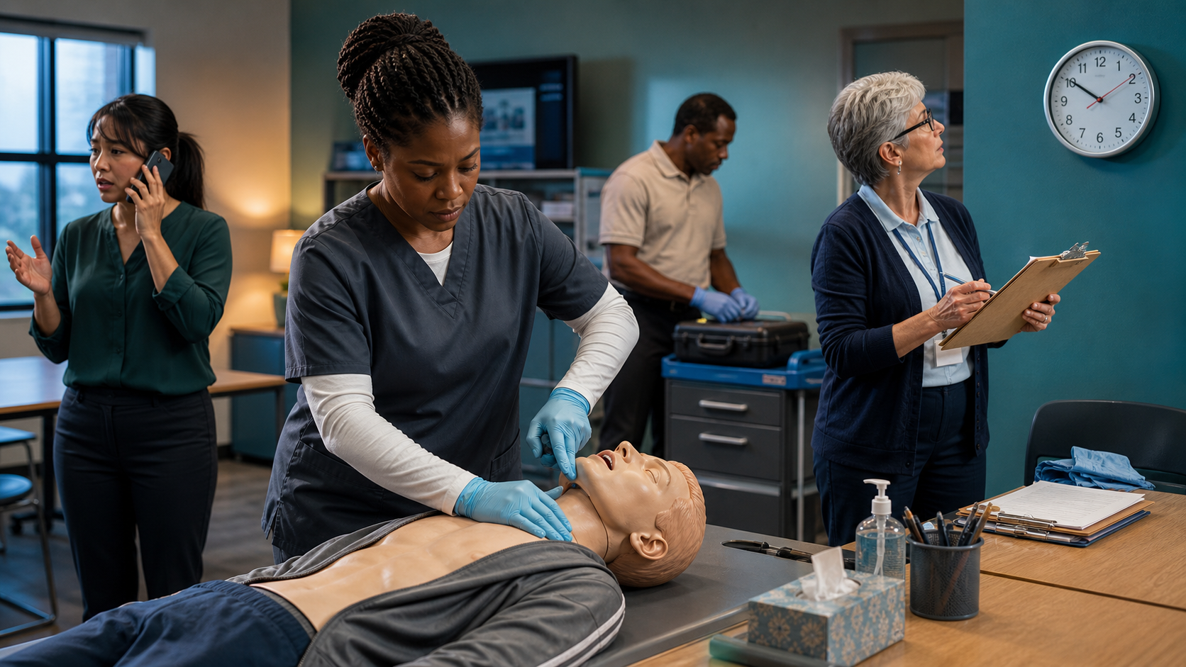School and care staff readiness drill showing trained roles, emergency calling, first-line rescue, and second-line backup