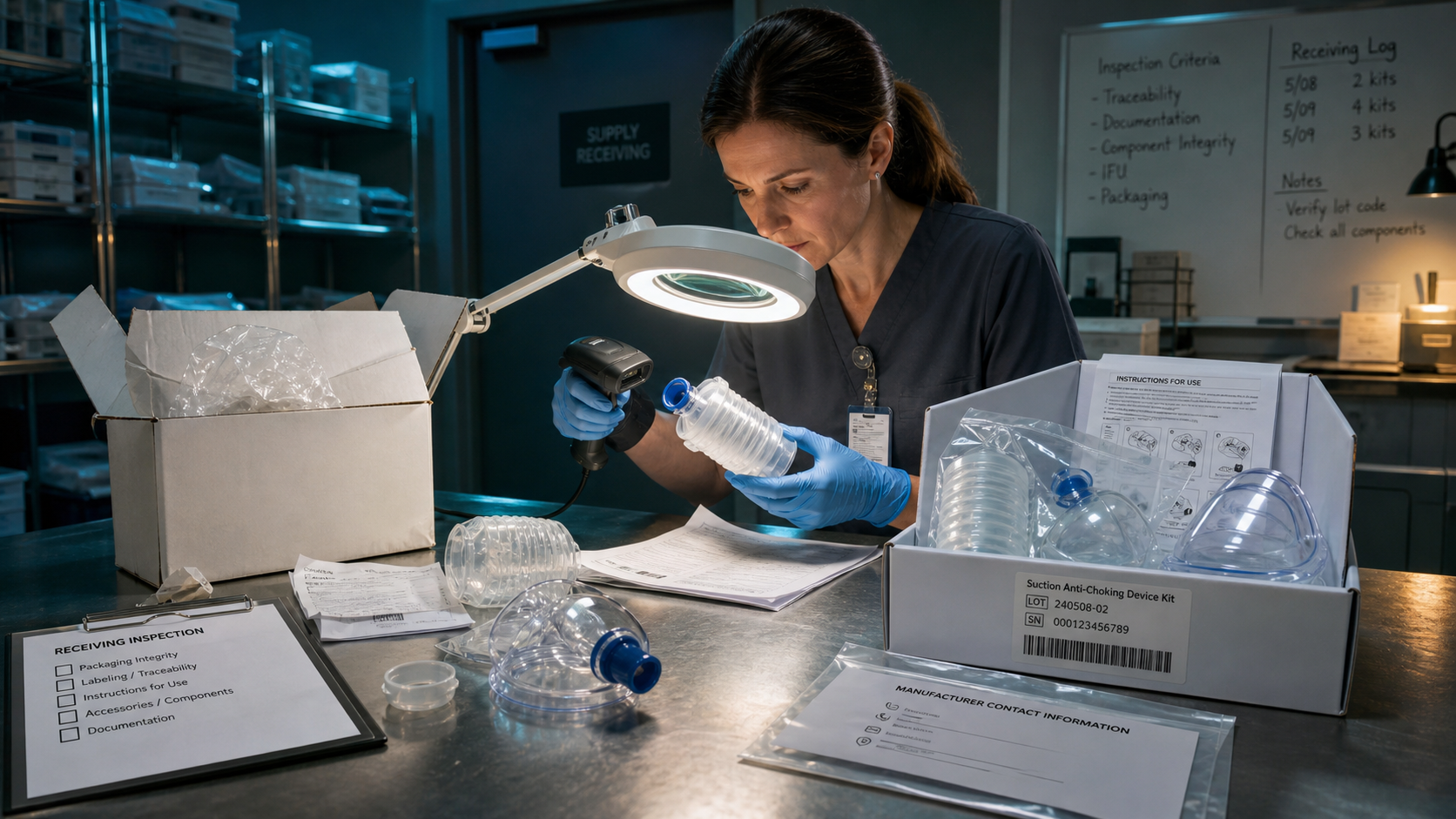 Receiving inspection comparing an untraceable suction-device package with documented labeling and sealed accessories