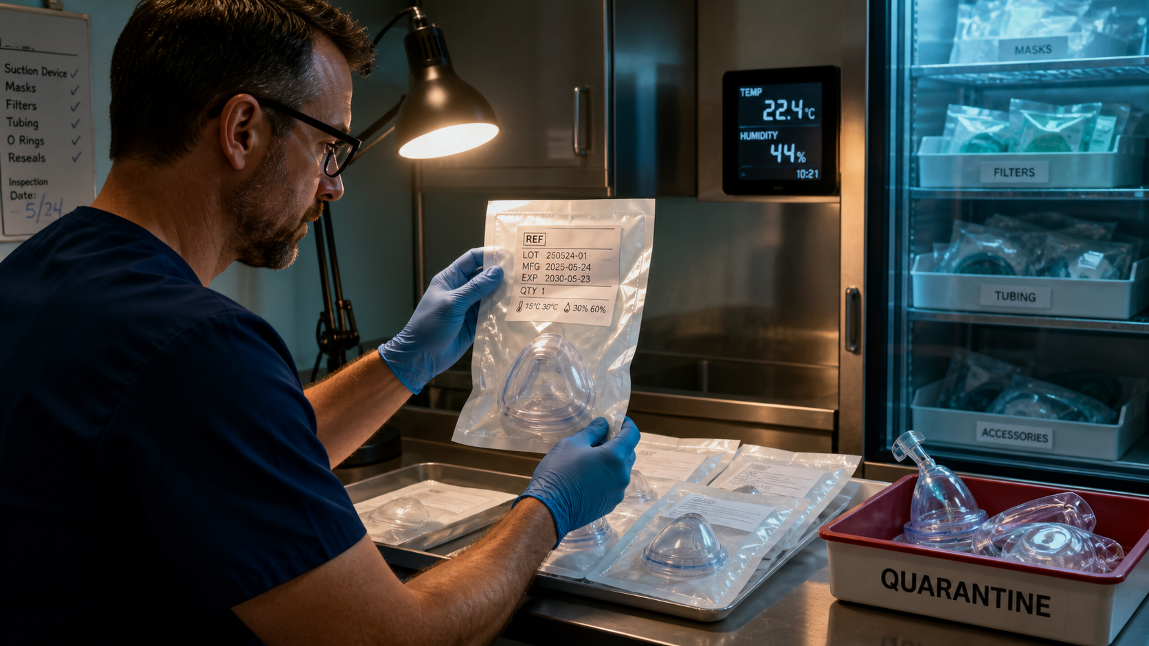 Clinical supply technician inspecting mask packaging, dates, storage condition, and post-use quarantine steps