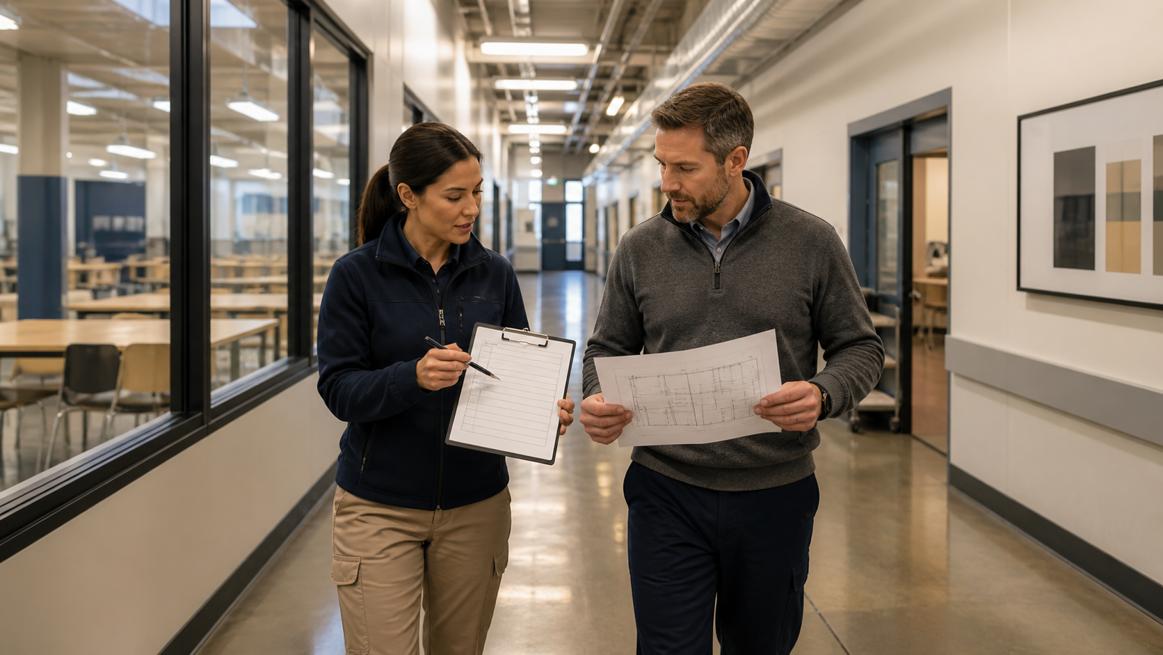 A safety coordinator and facility manager compare a blank checklist and unlabeled floor plan in a workplace corridor.