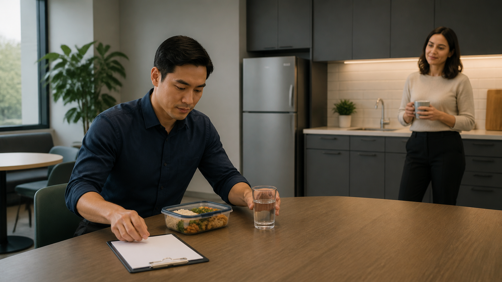 An employee arranges a blank meal routine checklist and water glass in a quiet break room.