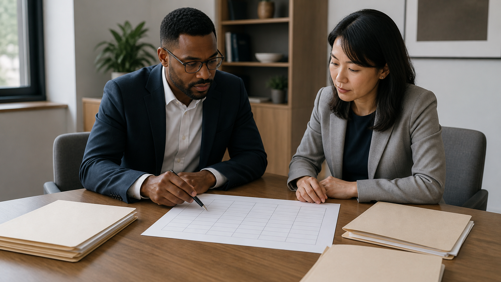 Two operations professionals review a blank evidence matrix and unlabeled folders at a quiet office table.