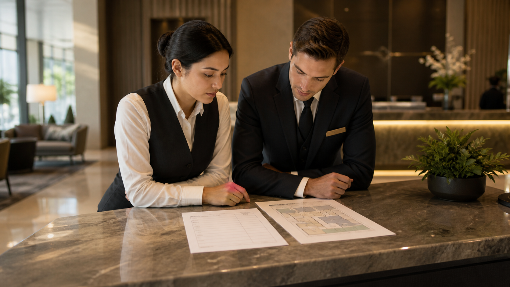 Two hotel operations staff review a blank shift-handoff checklist and unlabeled zone map at a quiet lobby counter.