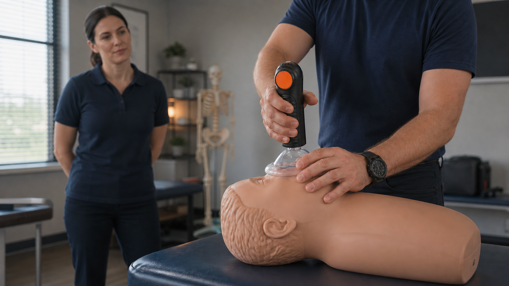 Caregiver practicing EasyPumpVac mask placement and pump grip on a training manikin