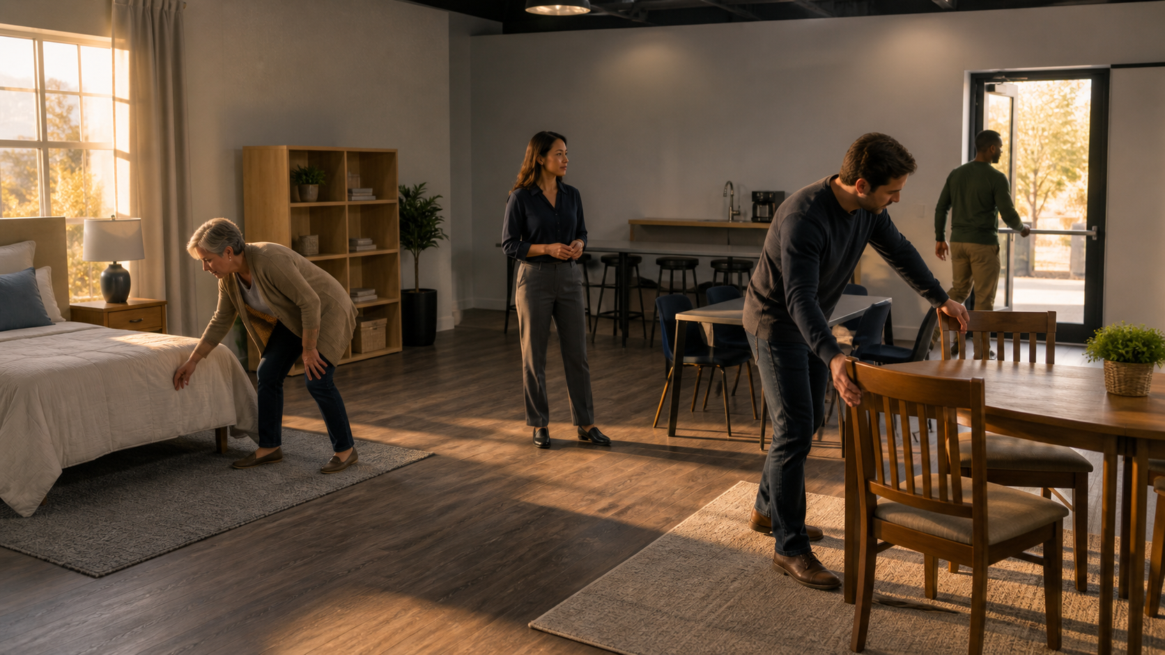 Caregivers checking clear paths in home, dining, and workplace readiness scenarios