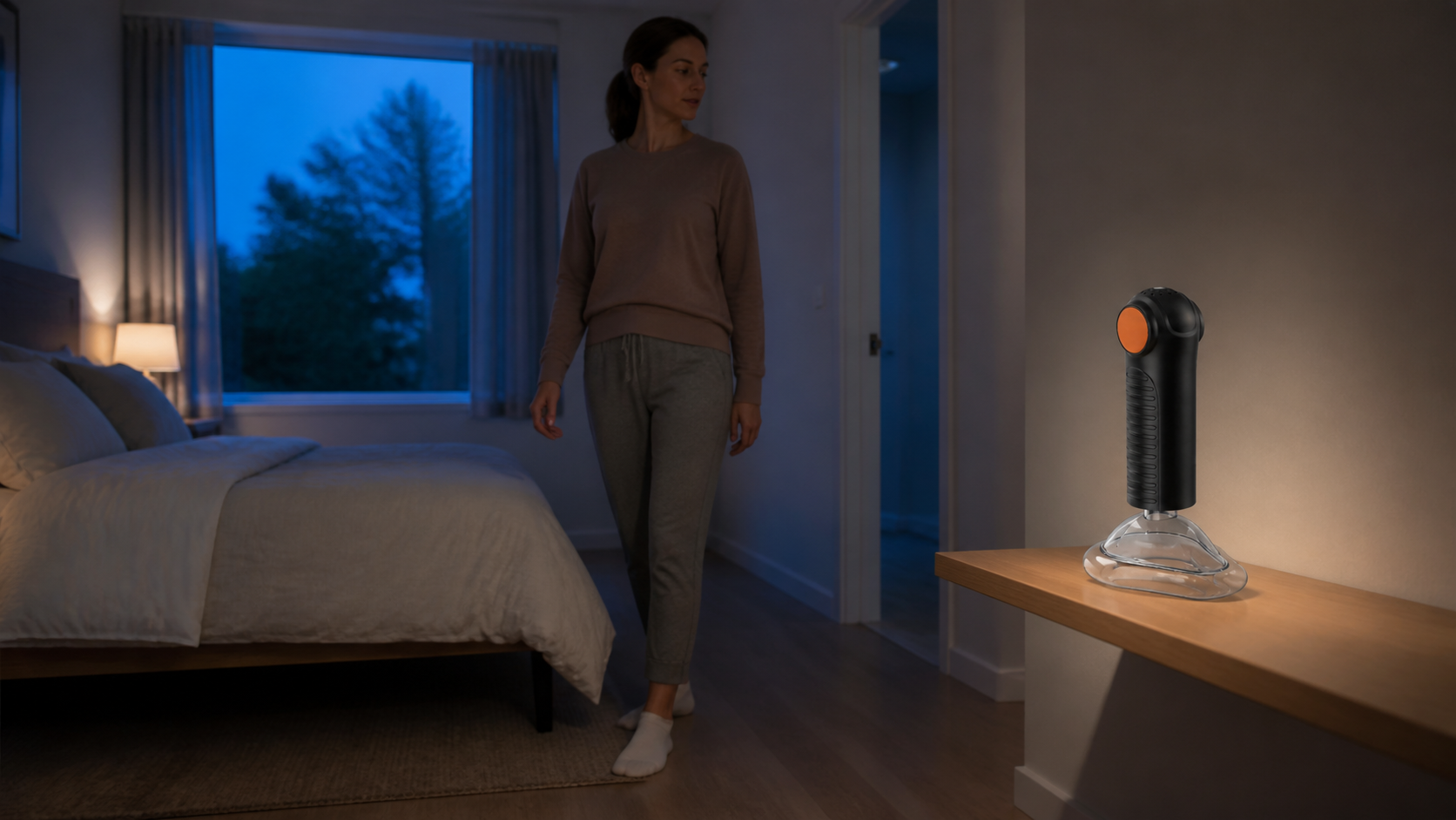 EasyPumpVac stored upright and visible on a dry reachable bedside shelf