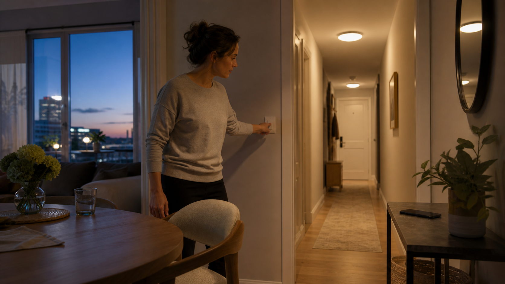 Adult checking hallway lighting and a visible phone for daily emergency readiness